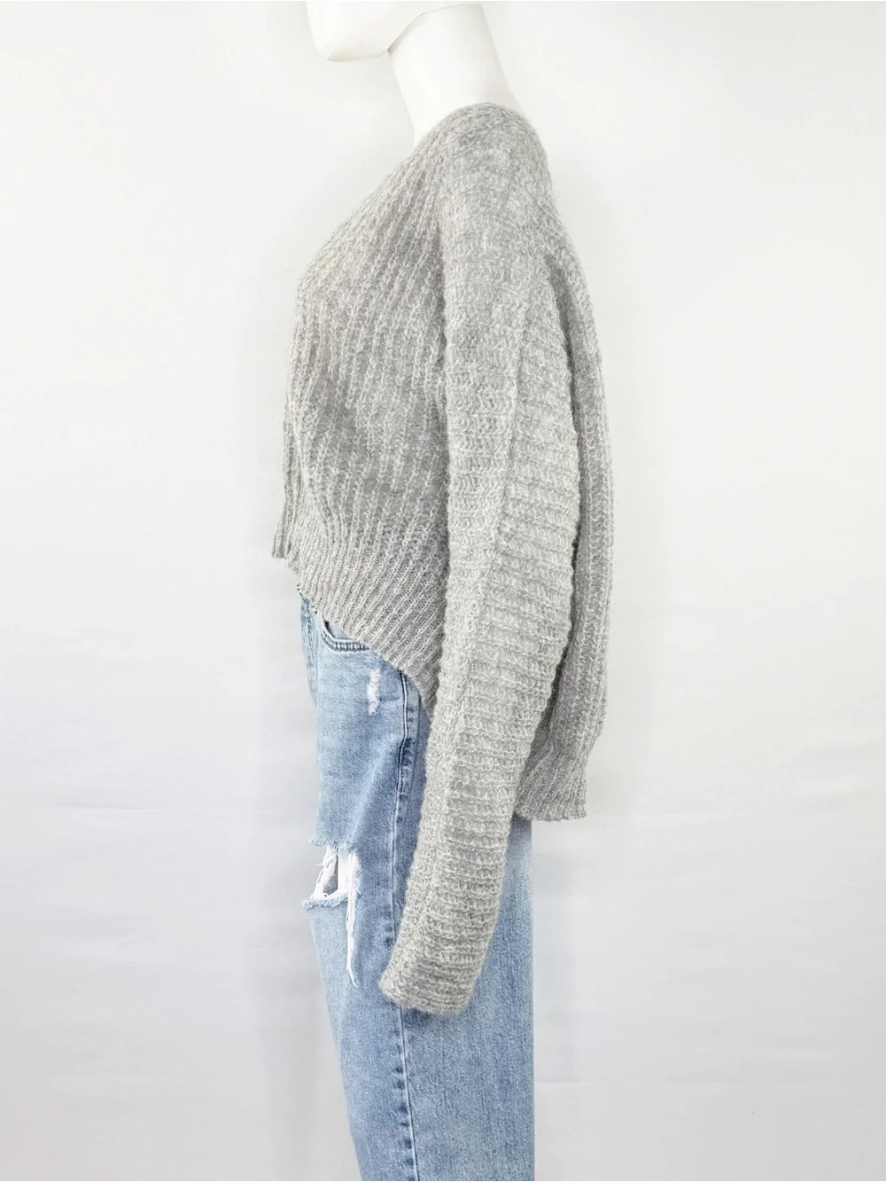 Free People Gray Oversized Knit Sweater Slouchy V Neck Cozy Boho Size M